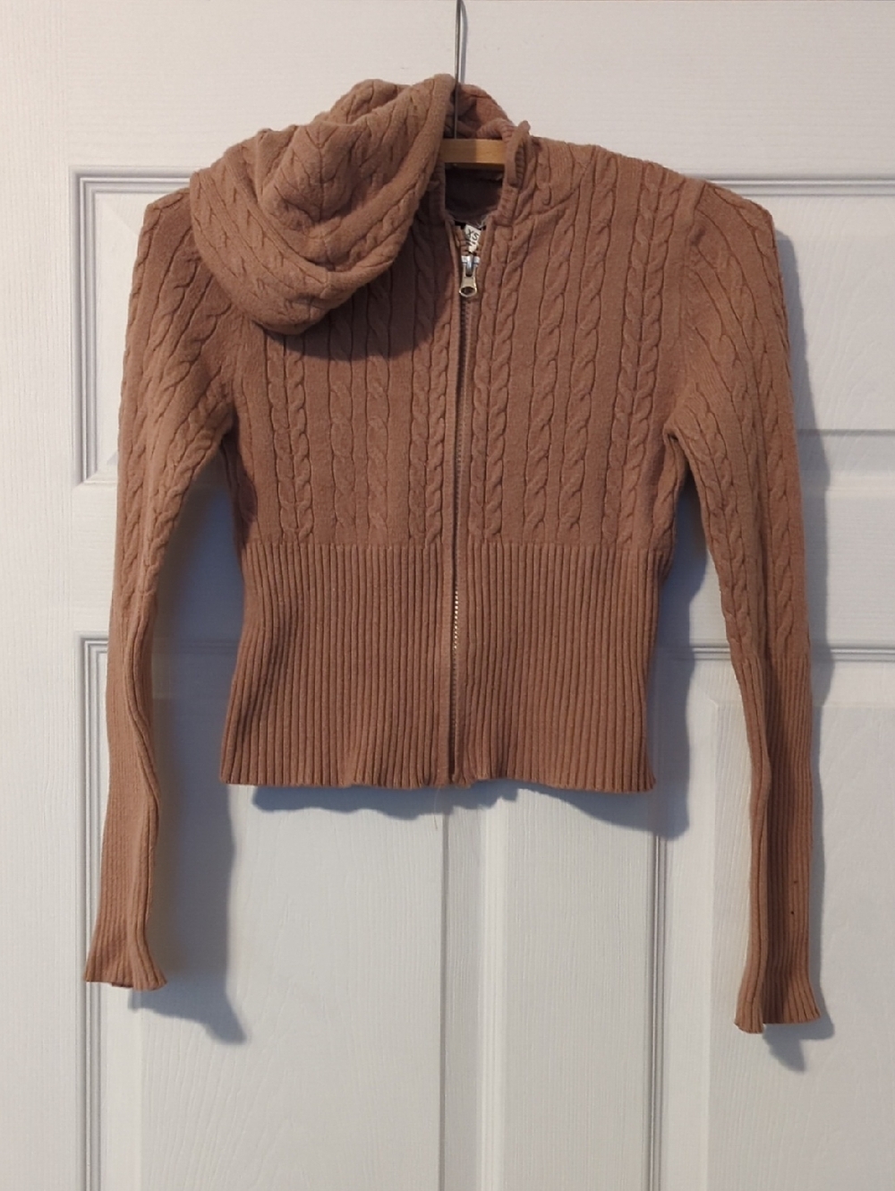 Francesca's Cable Knit Cropped Fitted Zip Hoodie - Tan Brown